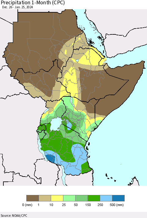 Eastern Africa Precipitation 1-Month (CPC) Thematic Map For 12/26/2023 - 1/25/2024