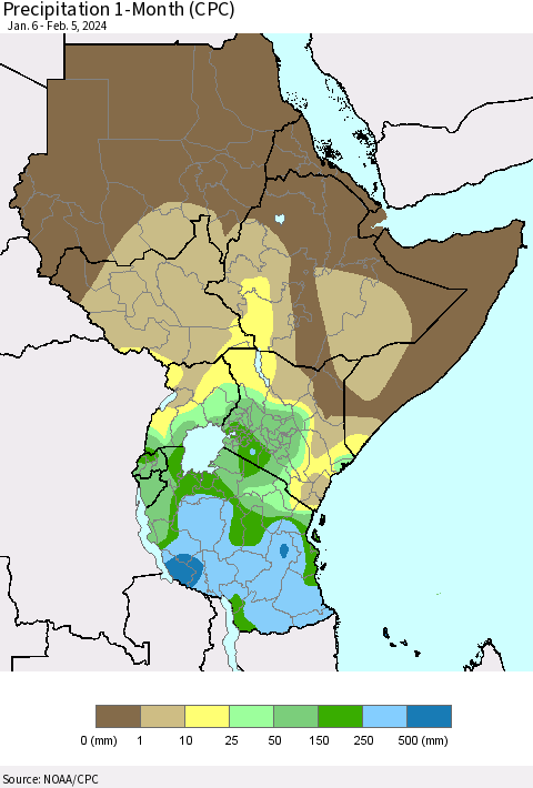 Eastern Africa Precipitation 1-Month (CPC) Thematic Map For 1/6/2024 - 2/5/2024