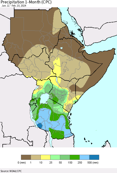 Eastern Africa Precipitation 1-Month (CPC) Thematic Map For 1/11/2024 - 2/10/2024