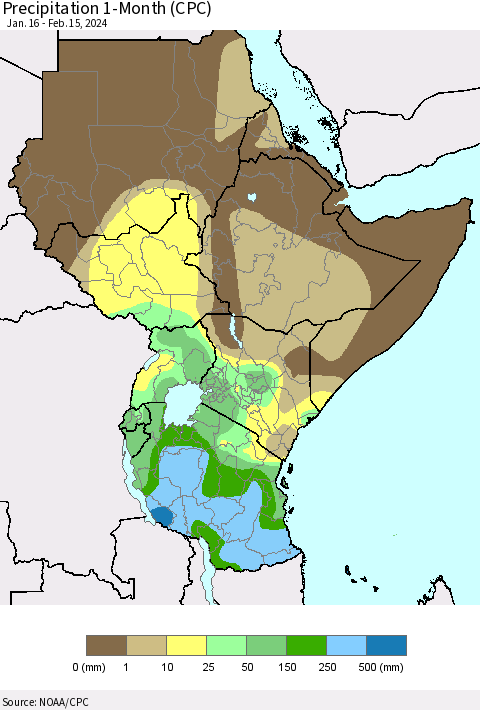 Eastern Africa Precipitation 1-Month (CPC) Thematic Map For 1/16/2024 - 2/15/2024
