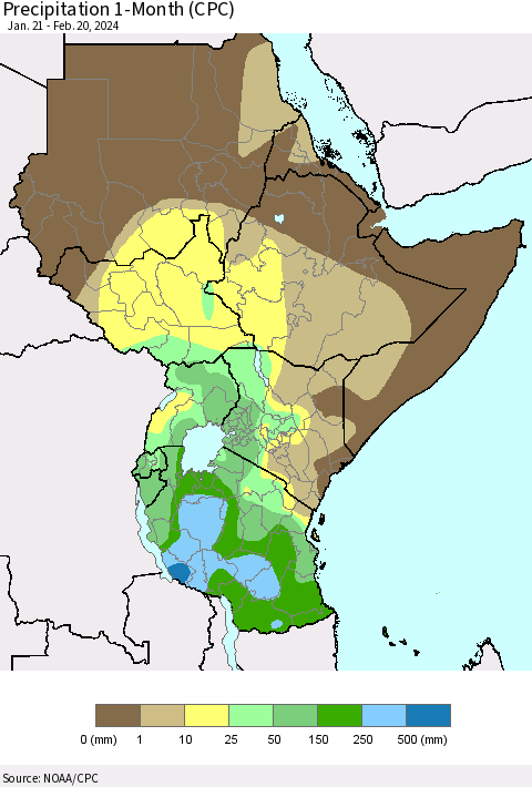 Eastern Africa Precipitation 1-Month (CPC) Thematic Map For 1/21/2024 - 2/20/2024