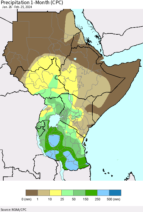 Eastern Africa Precipitation 1-Month (CPC) Thematic Map For 1/26/2024 - 2/25/2024