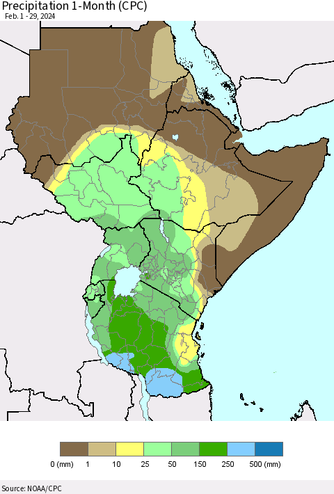 Eastern Africa Precipitation 1-Month (CPC) Thematic Map For 2/1/2024 - 2/29/2024