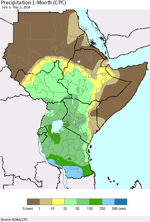 Eastern Africa Precipitation 1-Month (CPC) Thematic Map For 2/6/2024 - 3/5/2024