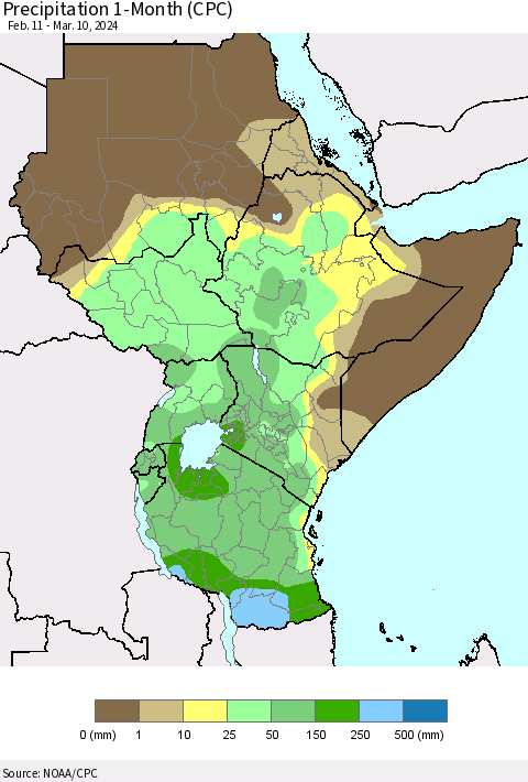 Eastern Africa Precipitation 1-Month (CPC) Thematic Map For 2/11/2024 - 3/10/2024