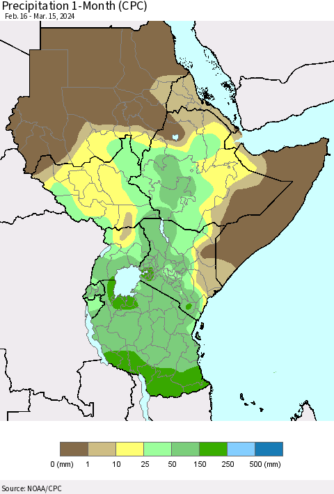 Eastern Africa Precipitation 1-Month (CPC) Thematic Map For 2/16/2024 - 3/15/2024