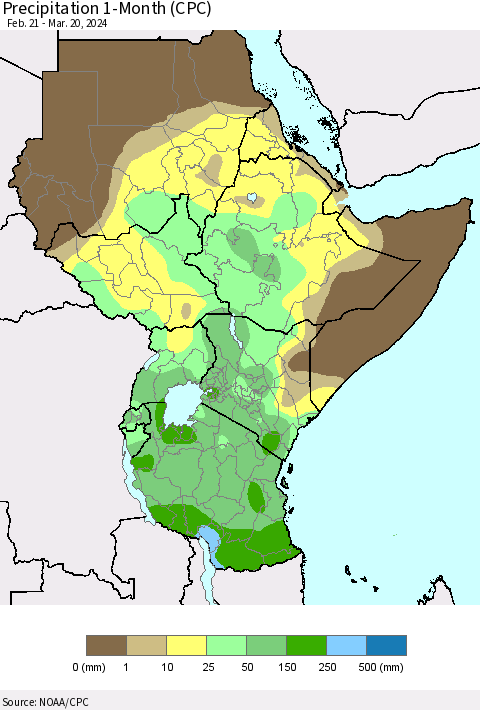 Eastern Africa Precipitation 1-Month (CPC) Thematic Map For 2/21/2024 - 3/20/2024