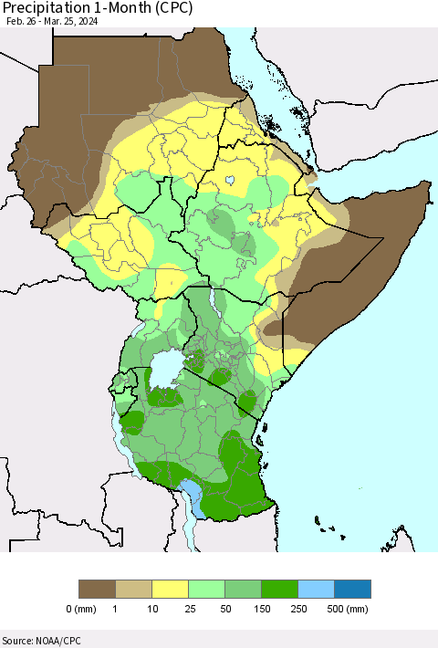 Eastern Africa Precipitation 1-Month (CPC) Thematic Map For 2/26/2024 - 3/25/2024