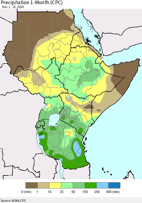 Eastern Africa Precipitation 1-Month (CPC) Thematic Map For 3/1/2024 - 3/31/2024