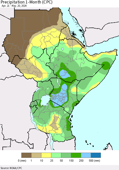 Eastern Africa Precipitation 1-Month (CPC) Thematic Map For 4/21/2024 - 5/20/2024