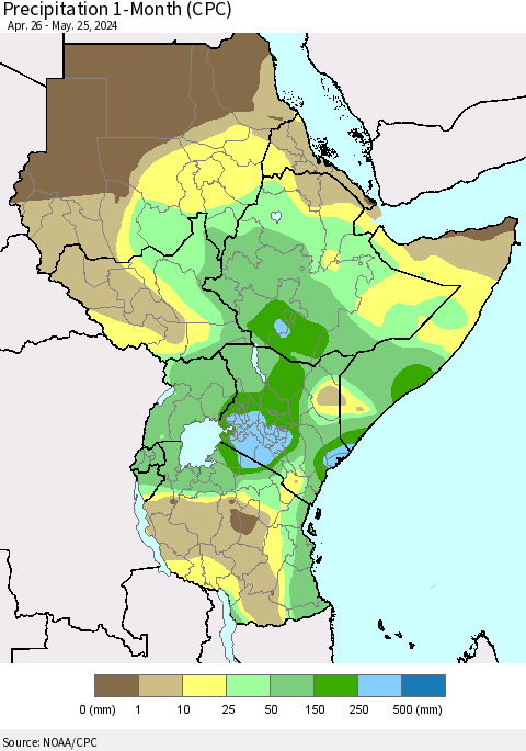 Eastern Africa Precipitation 1-Month (CPC) Thematic Map For 4/26/2024 - 5/25/2024