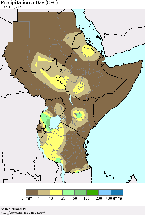 Eastern Africa Precipitation 5-Day (CPC) Thematic Map For 1/1/2020 - 1/5/2020