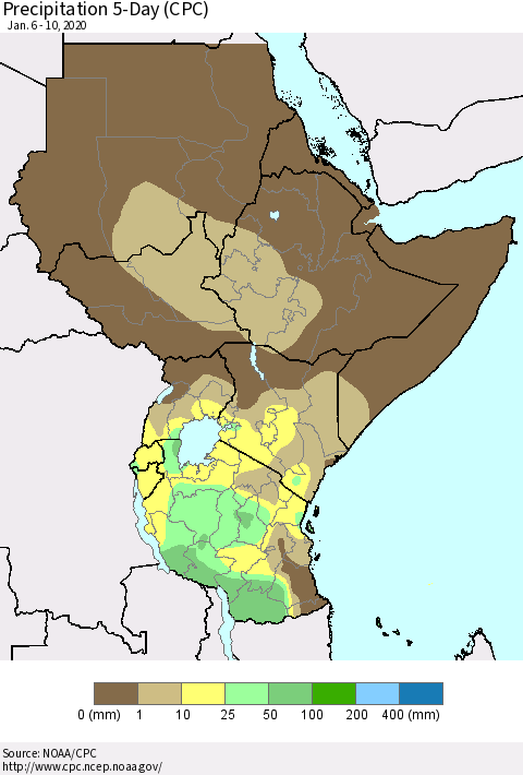 Eastern Africa Precipitation 5-Day (CPC) Thematic Map For 1/6/2020 - 1/10/2020