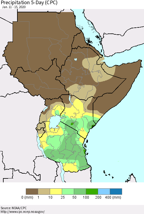 Eastern Africa Precipitation 5-Day (CPC) Thematic Map For 1/11/2020 - 1/15/2020