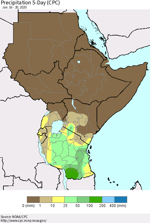 Eastern Africa Precipitation 5-Day (CPC) Thematic Map For 1/16/2020 - 1/20/2020