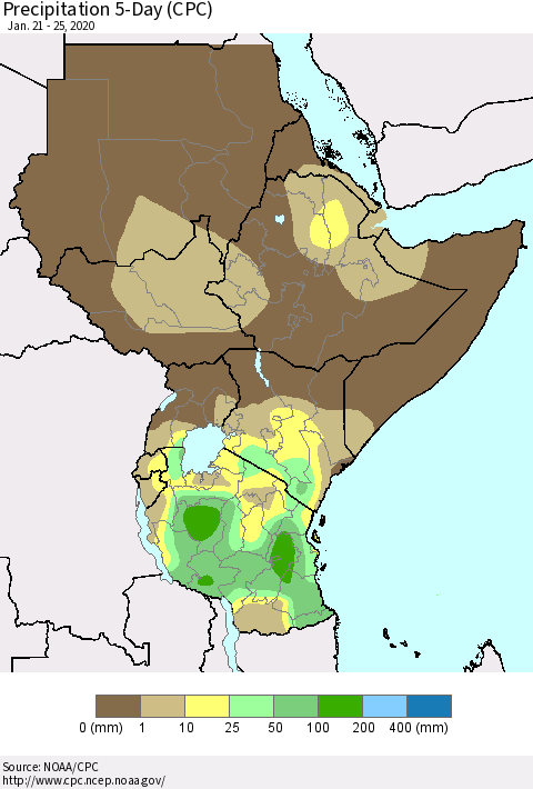 Eastern Africa Precipitation 5-Day (CPC) Thematic Map For 1/21/2020 - 1/25/2020