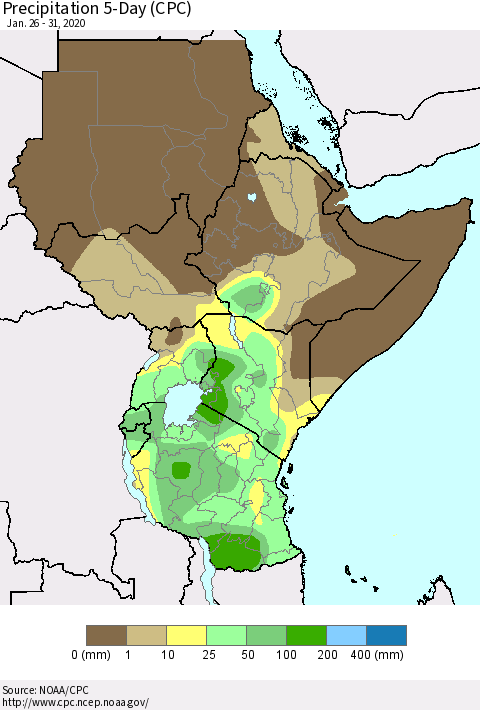 Eastern Africa Precipitation 5-Day (CPC) Thematic Map For 1/26/2020 - 1/31/2020