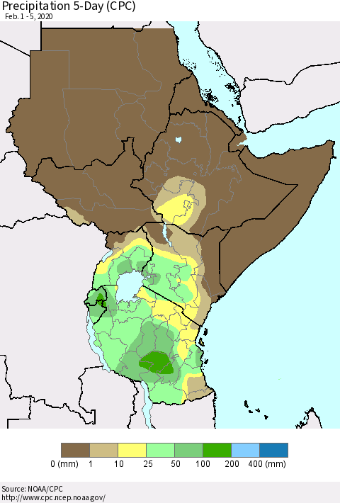 Eastern Africa Precipitation 5-Day (CPC) Thematic Map For 2/1/2020 - 2/5/2020