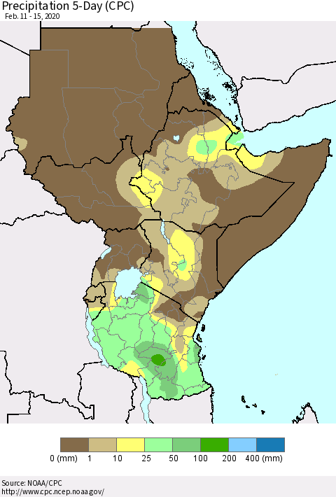 Eastern Africa Precipitation 5-Day (CPC) Thematic Map For 2/11/2020 - 2/15/2020