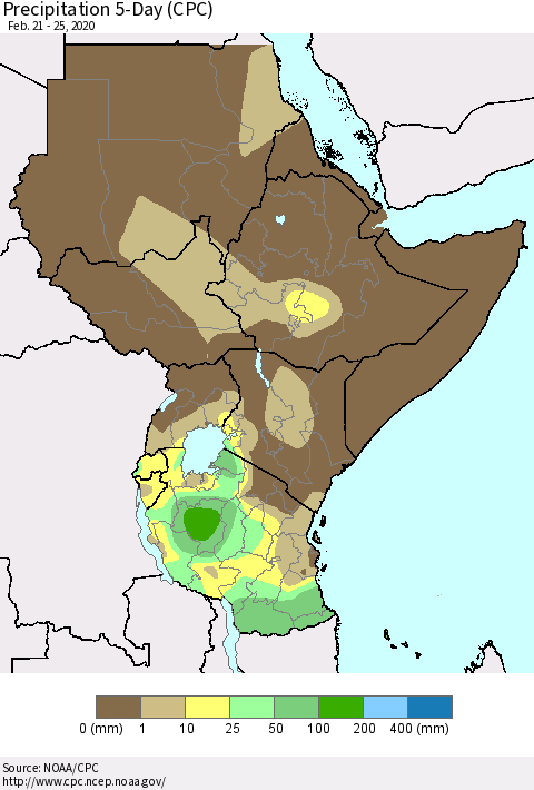 Eastern Africa Precipitation 5-Day (CPC) Thematic Map For 2/21/2020 - 2/25/2020