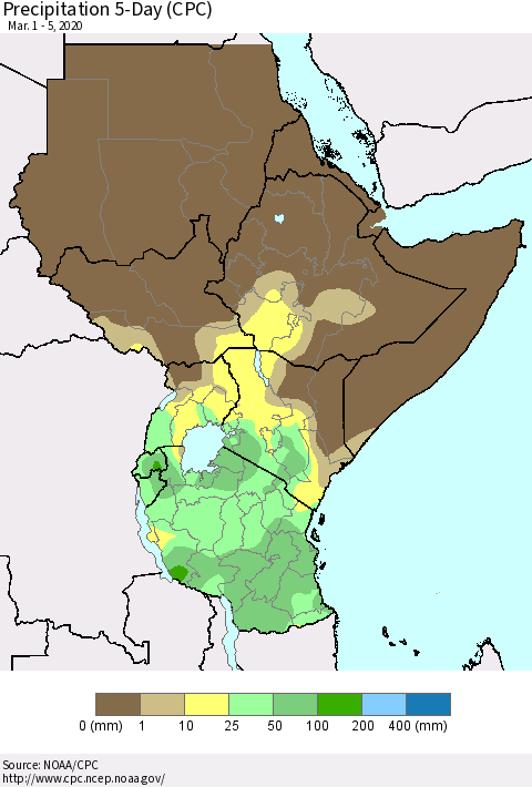 Eastern Africa Precipitation 5-Day (CPC) Thematic Map For 3/1/2020 - 3/5/2020