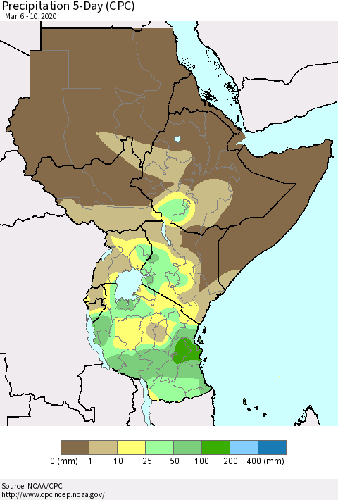 Eastern Africa Precipitation 5-Day (CPC) Thematic Map For 3/6/2020 - 3/10/2020