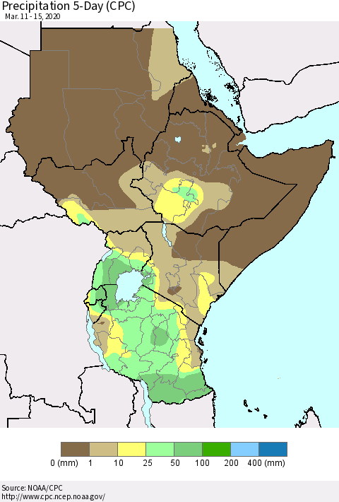 Eastern Africa Precipitation 5-Day (CPC) Thematic Map For 3/11/2020 - 3/15/2020