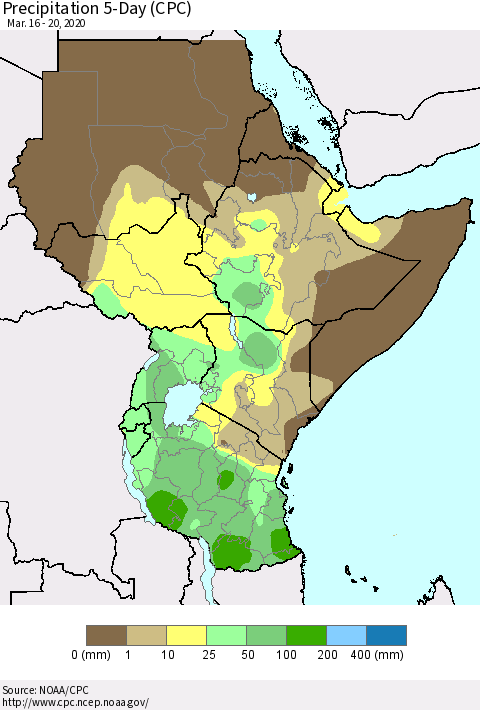 Eastern Africa Precipitation 5-Day (CPC) Thematic Map For 3/16/2020 - 3/20/2020