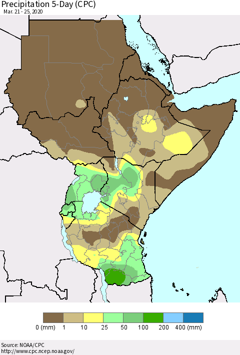 Eastern Africa Precipitation 5-Day (CPC) Thematic Map For 3/21/2020 - 3/25/2020