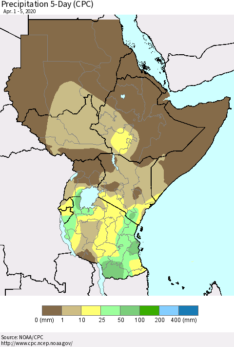 Eastern Africa Precipitation 5-Day (CPC) Thematic Map For 4/1/2020 - 4/5/2020