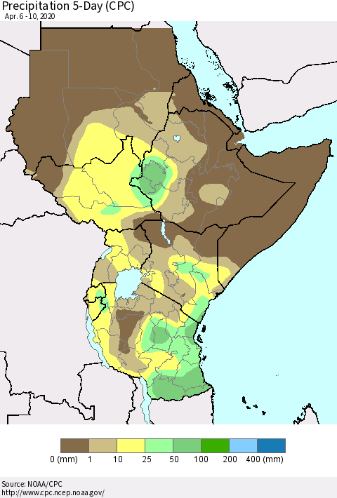 Eastern Africa Precipitation 5-Day (CPC) Thematic Map For 4/6/2020 - 4/10/2020