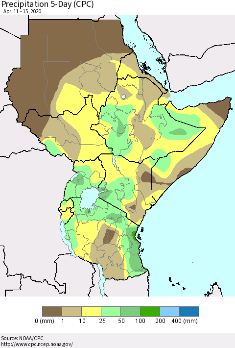 Eastern Africa Precipitation 5-Day (CPC) Thematic Map For 4/11/2020 - 4/15/2020