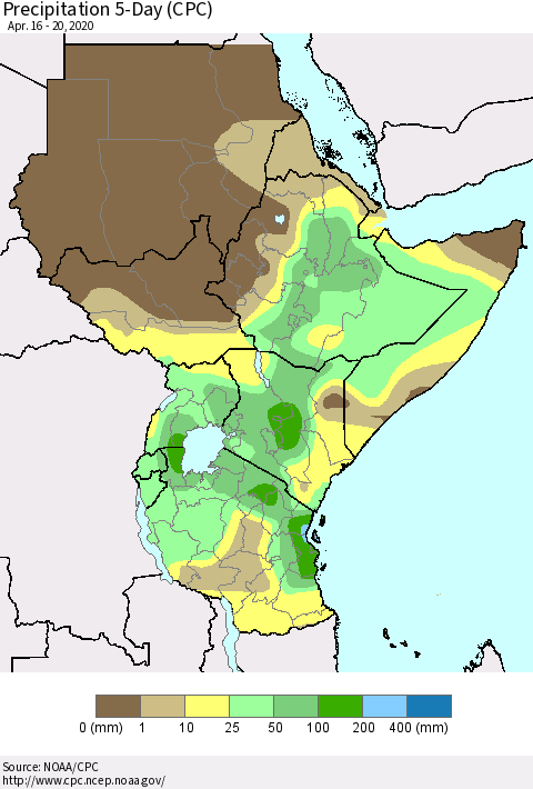 Eastern Africa Precipitation 5-Day (CPC) Thematic Map For 4/16/2020 - 4/20/2020