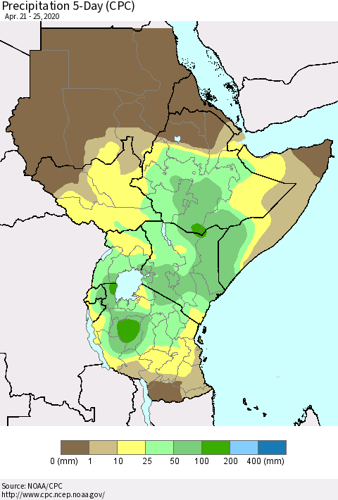 Eastern Africa Precipitation 5-Day (CPC) Thematic Map For 4/21/2020 - 4/25/2020