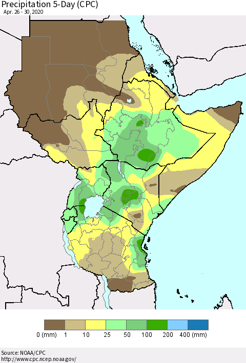 Eastern Africa Precipitation 5-Day (CPC) Thematic Map For 4/26/2020 - 4/30/2020