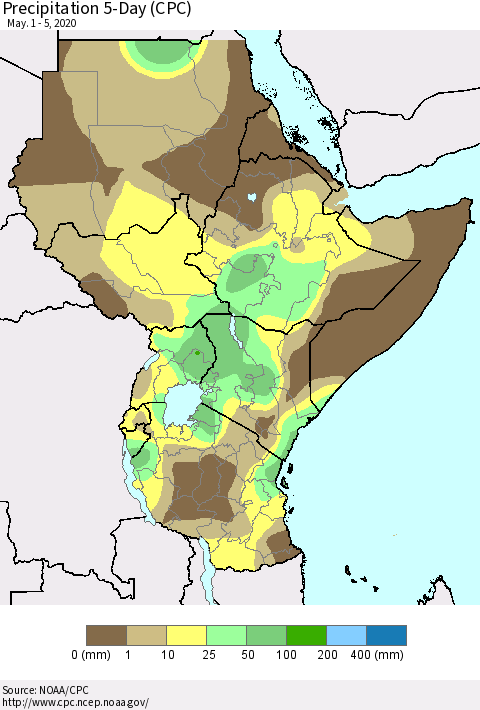 Eastern Africa Precipitation 5-Day (CPC) Thematic Map For 5/1/2020 - 5/5/2020