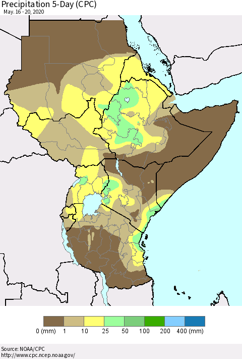 Eastern Africa Precipitation 5-Day (CPC) Thematic Map For 5/16/2020 - 5/20/2020