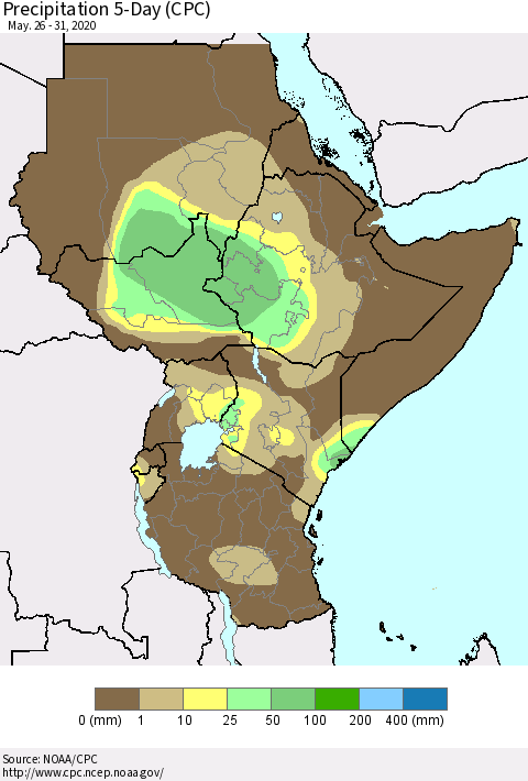 Eastern Africa Precipitation 5-Day (CPC) Thematic Map For 5/26/2020 - 5/31/2020