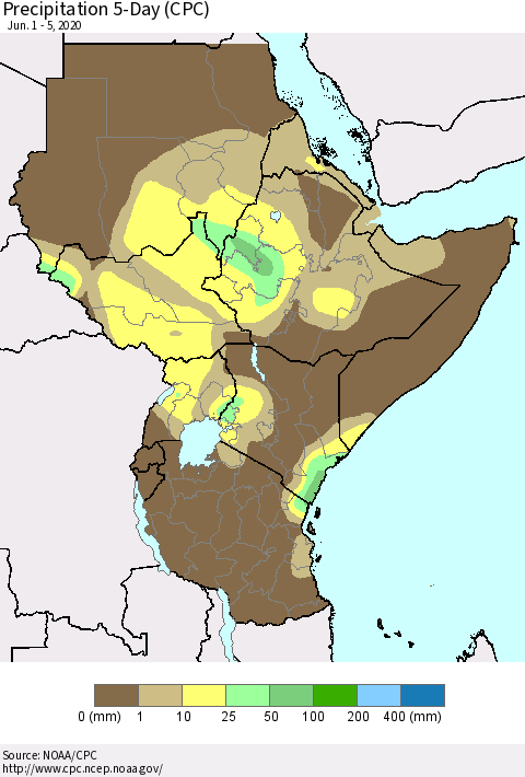 Eastern Africa Precipitation 5-Day (CPC) Thematic Map For 6/1/2020 - 6/5/2020