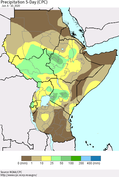Eastern Africa Precipitation 5-Day (CPC) Thematic Map For 6/6/2020 - 6/10/2020