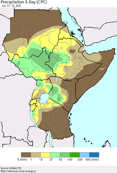Eastern Africa Precipitation 5-Day (CPC) Thematic Map For 6/11/2020 - 6/15/2020