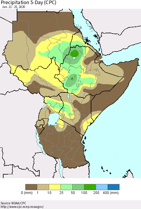 Eastern Africa Precipitation 5-Day (CPC) Thematic Map For 6/21/2020 - 6/25/2020