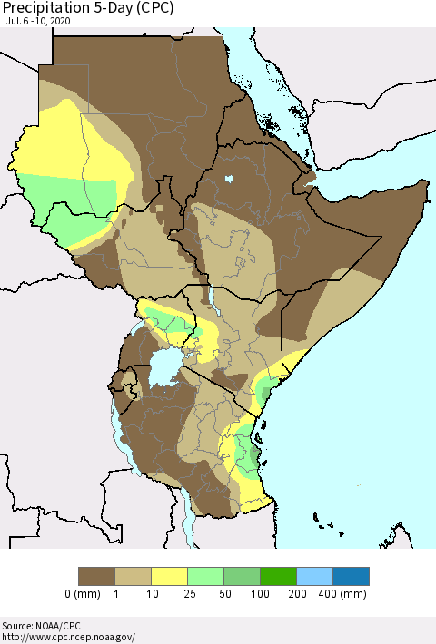 Eastern Africa Precipitation 5-Day (CPC) Thematic Map For 7/6/2020 - 7/10/2020