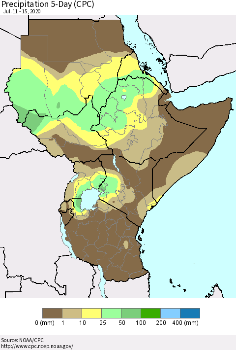 Eastern Africa Precipitation 5-Day (CPC) Thematic Map For 7/11/2020 - 7/15/2020