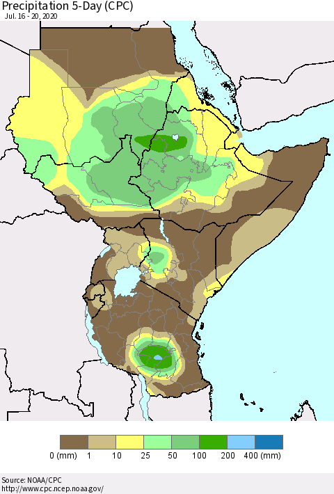 Eastern Africa Precipitation 5-Day (CPC) Thematic Map For 7/16/2020 - 7/20/2020