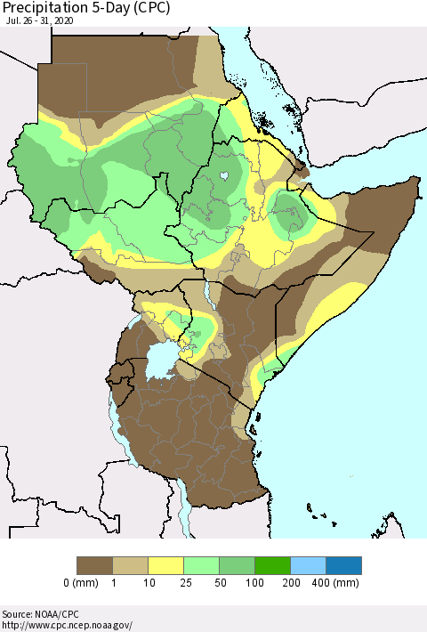 Eastern Africa Precipitation 5-Day (CPC) Thematic Map For 7/26/2020 - 7/31/2020