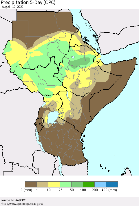 Eastern Africa Precipitation 5-Day (CPC) Thematic Map For 8/6/2020 - 8/10/2020