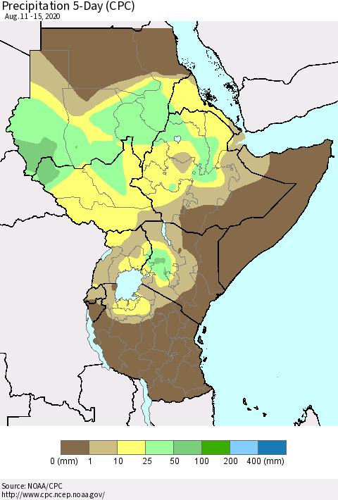 Eastern Africa Precipitation 5-Day (CPC) Thematic Map For 8/11/2020 - 8/15/2020