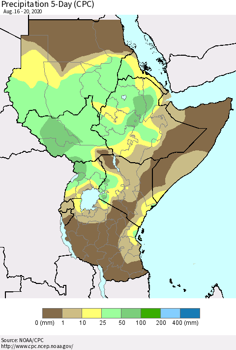 Eastern Africa Precipitation 5-Day (CPC) Thematic Map For 8/16/2020 - 8/20/2020