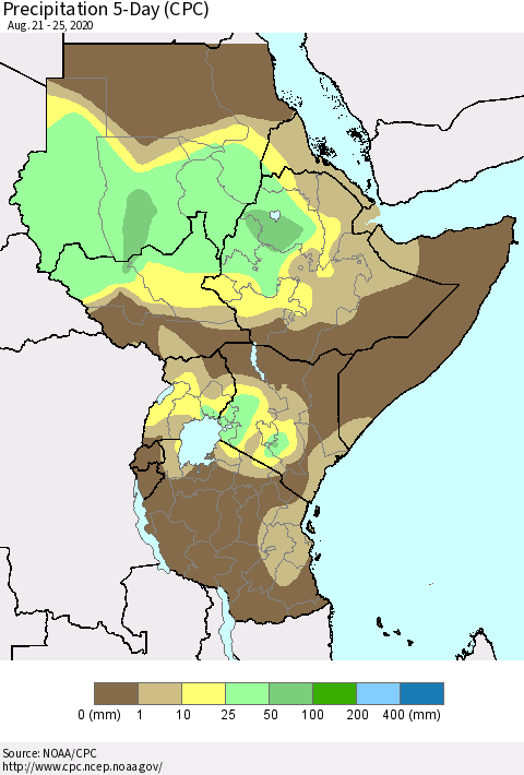 Eastern Africa Precipitation 5-Day (CPC) Thematic Map For 8/21/2020 - 8/25/2020